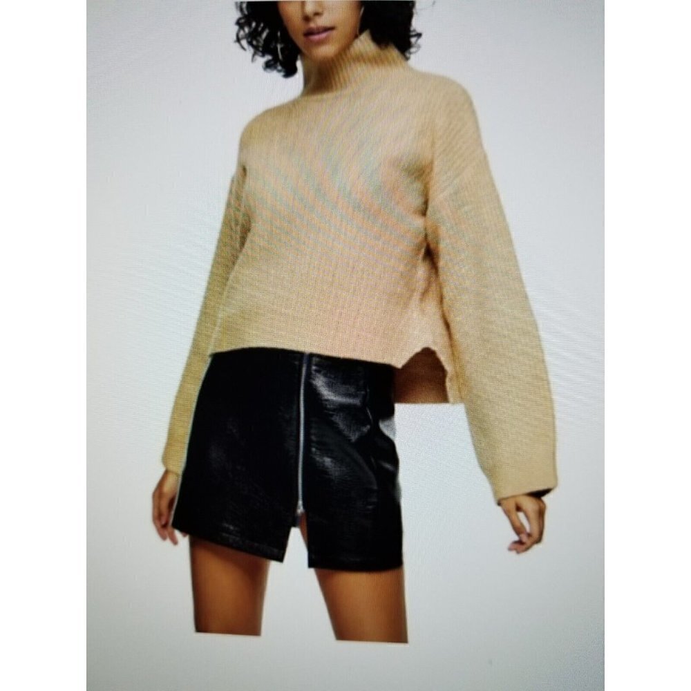 Topshop Funnel Neck High-Lo Crop Long Sleeve Sweater Camel Tan Womens Size S